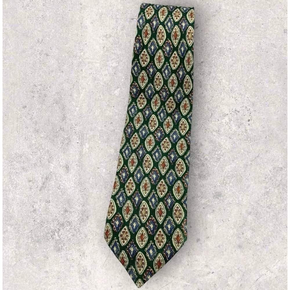 AUSTIN REED Silk Tie ENGLAND Green Beige Blue Geometric Art W:3.6" EUC
